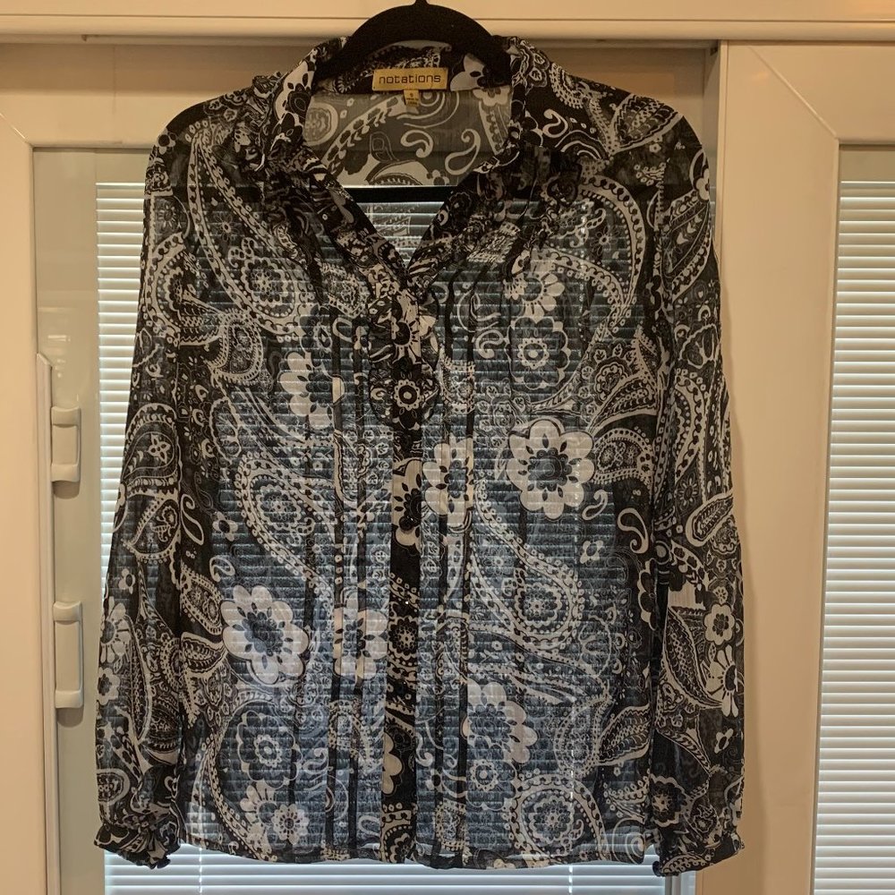 EUC Notations Sheer Long Sleeve Black/White Button Down Blouse Size Small